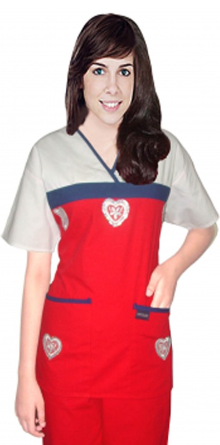 Microfiber Stretch Stylish top silver heart empire wrap style top 2 pocket half sleeve (97% POLYESTER, 3% SPANDEX)