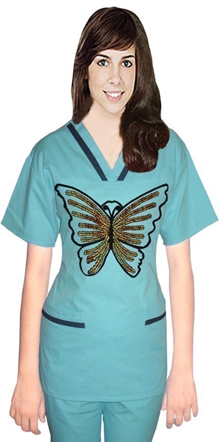 Microfiber Stylish top big silver butterfly contrast bias v-neck tunic style top 2 pocket half sleeve (100% Polyester)