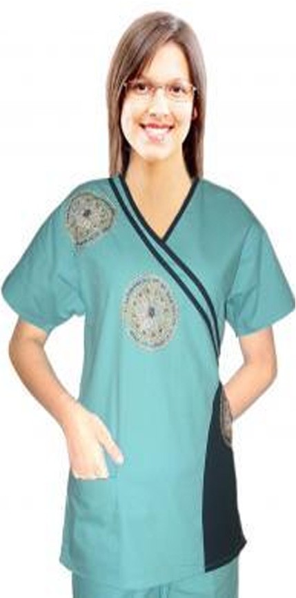 Microfiber Stylish top big golden flower double cross piping top 2 pocket half sleeve (100% Polyester)