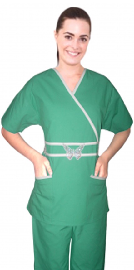 Microfiber Stylish top silver butter fly top crossover horizontal piping solid 2 pocket half sleeve (100% Polyester)