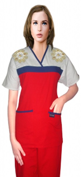 Microfiber Stylish top golden flower empire wrap style top 2 pocket half sleeve (100% Polyester)
