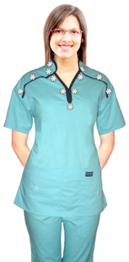 Microfiber Stylish top small white flower m style collar 2 pocket ladies scrub top half sleeve (100% Polyester)