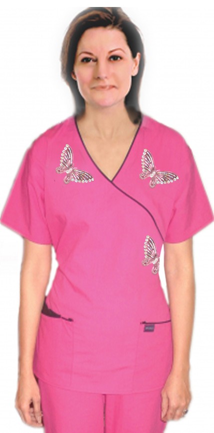 Microfiber Stylish top silver butterfly mock wrap top 3 pocket half sleeve (100% Polyester)