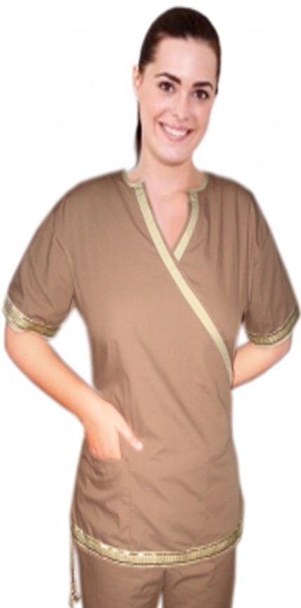 Microfiber Stylish top golden lace style inset v-neck top with 2 pocket half sleeve (100% Polyester)