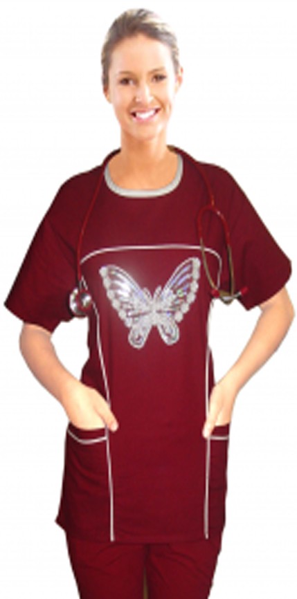 Microfiber Stylish top big white butter fly scoop neck contrast piping top with 4 pocket half sleeve (100% Polyester)