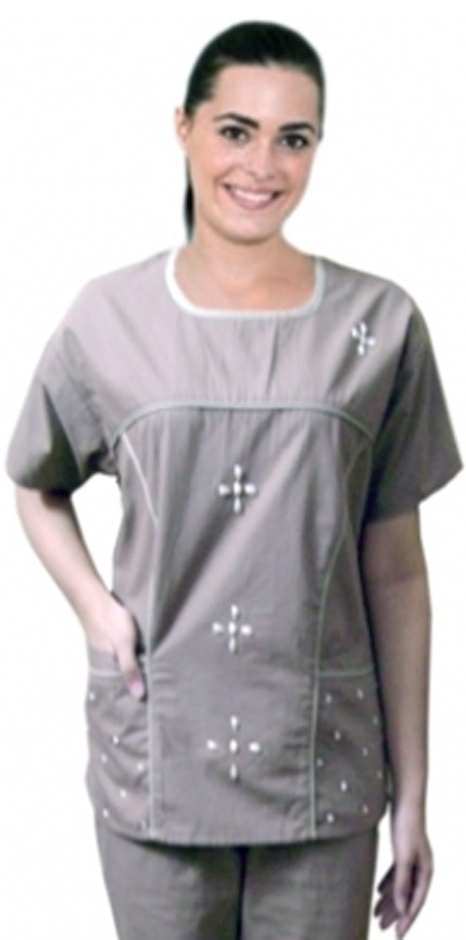 Microfiber Stylish top pearl flower scoop neck contrast piping top with 4 pocket half sleeve (100% Polyester)