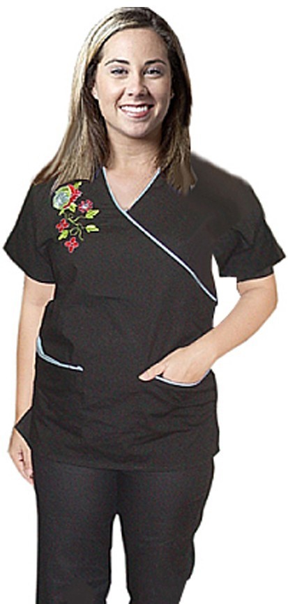 Microfiber Top with mock wrap 3 pkt half sleeve embroidered top (100% Polyester)