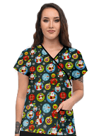 Santa and Penguin Printed Top mock wrap 3 pocket half sleeve with black piping Interlock Stretch Fabric 100% polyester