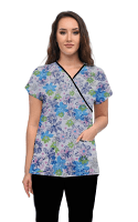 Blue and Green Flower Print Scrub Set Mock Wrap With Black Piping 5 Pocket Half Sleeves (Top 3 Pockets With Bottom 2 Pockets Boot cut)