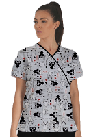 Cat Print Scrub Set Mock Wrap With Black Piping 5 Pocket Half Sleeves (Top 3 Pockets With Black Bottom 2 Pockets Boot cut)