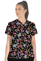  Disney Print Scrub Set Mock Wrap With Black Piping 5 Pocket Half Sleeves (Top 3 Pockets With Black Bottom 2 Pockets Boot cut)