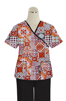 Printed scrub set mock wrap 5 pocket half sleeve in Orange And Maroon Traditional Print with black piping  (top 3 pocket with black bottom 2 pocket boot cut)