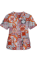 Top v neck 2 pocket half sleeve in Orange And Maroon Traditional Print