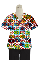 Printed scrub set 4 pocket ladies half sleeve Red Wheel Print (2 pocket top and 2 pocket pant)