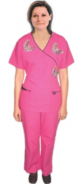 Microfiber Stylish set silver butterfly mock wrap set 5 pocket half sleeve (top 3pkt with bottom 2pkt bootcut) (100% POLYESTER) 
