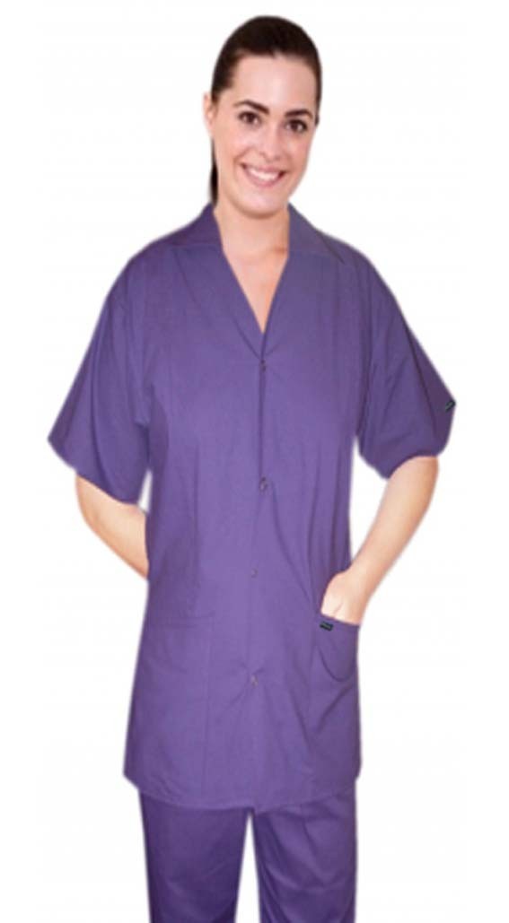 Stretchable Scrub set 4 pocket solid ladies front open collar with snap buttons half sleeve (2 pocket top 2 pocket boot cut pant)  in 35% Cotton 60% Polyester 5% Spandex