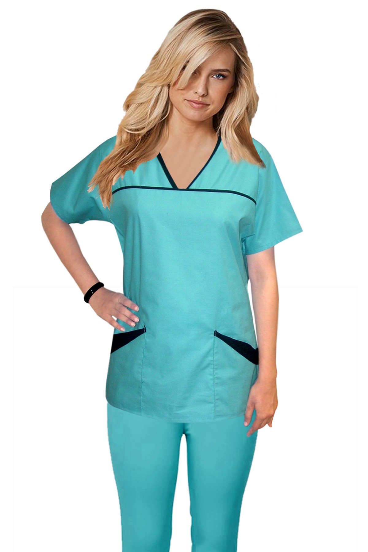 Stretchable Princess Seam 6 pocket set half sleeve with matching bottom (top 4 pkt with bottom 2 pkt boot cut)  in 35% Cotton 60% Polyester 5% Spandex
