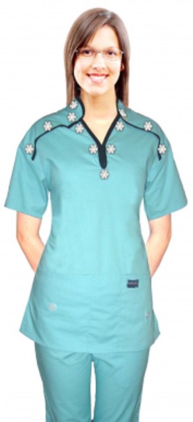 Stretchable Stylish set small white flower m style collar 4 pocket ladies scrub set half sleeve (top 2pkt with bottom 2pkt boot cut) in 35% Cotton 60% Polyester 5% Spandex