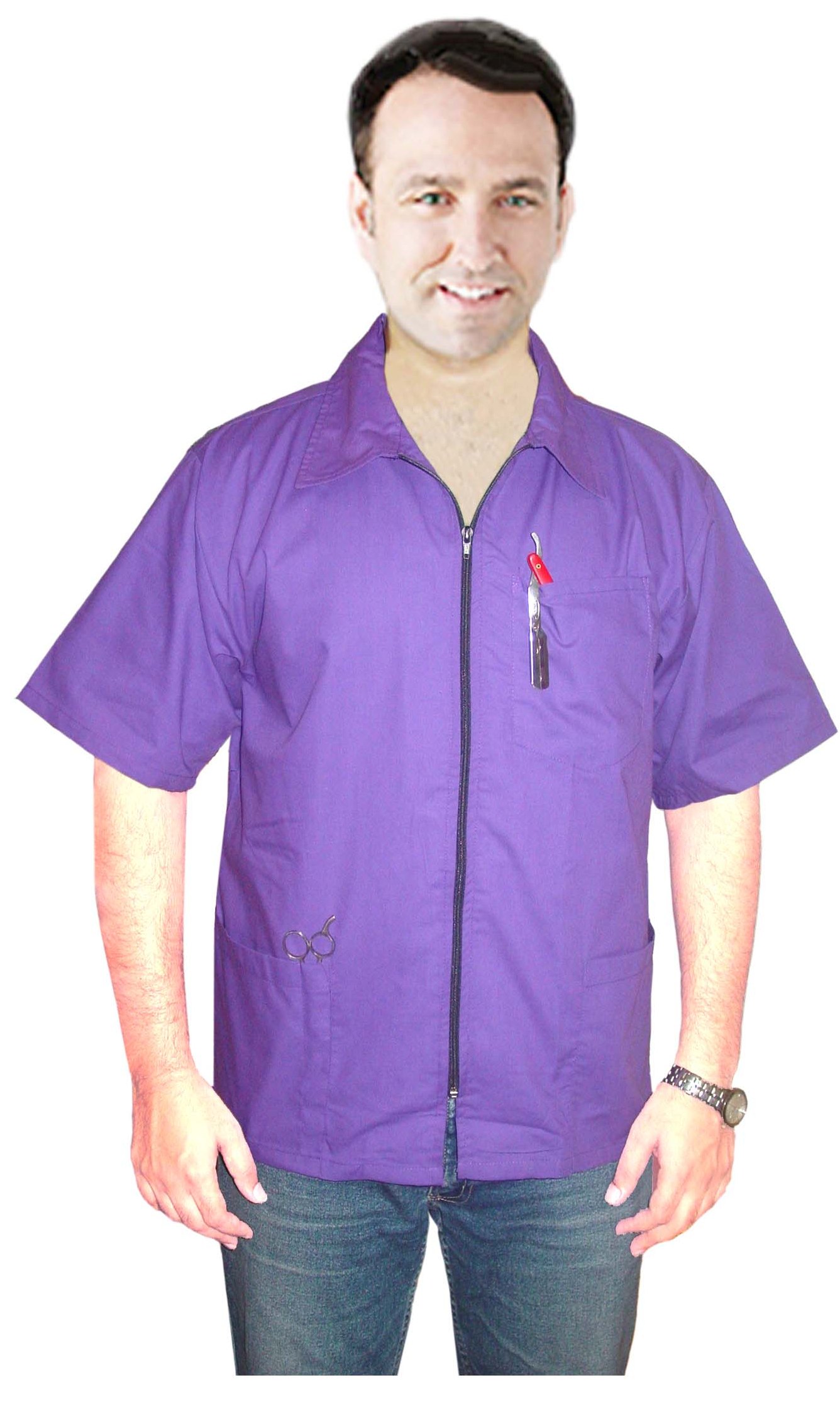 Stretchable Barber jacket with collar 3 pockets half sleeve with zipper Stretch fabric.  (35% Cotton, 60% Polyester, 5% Spandex)