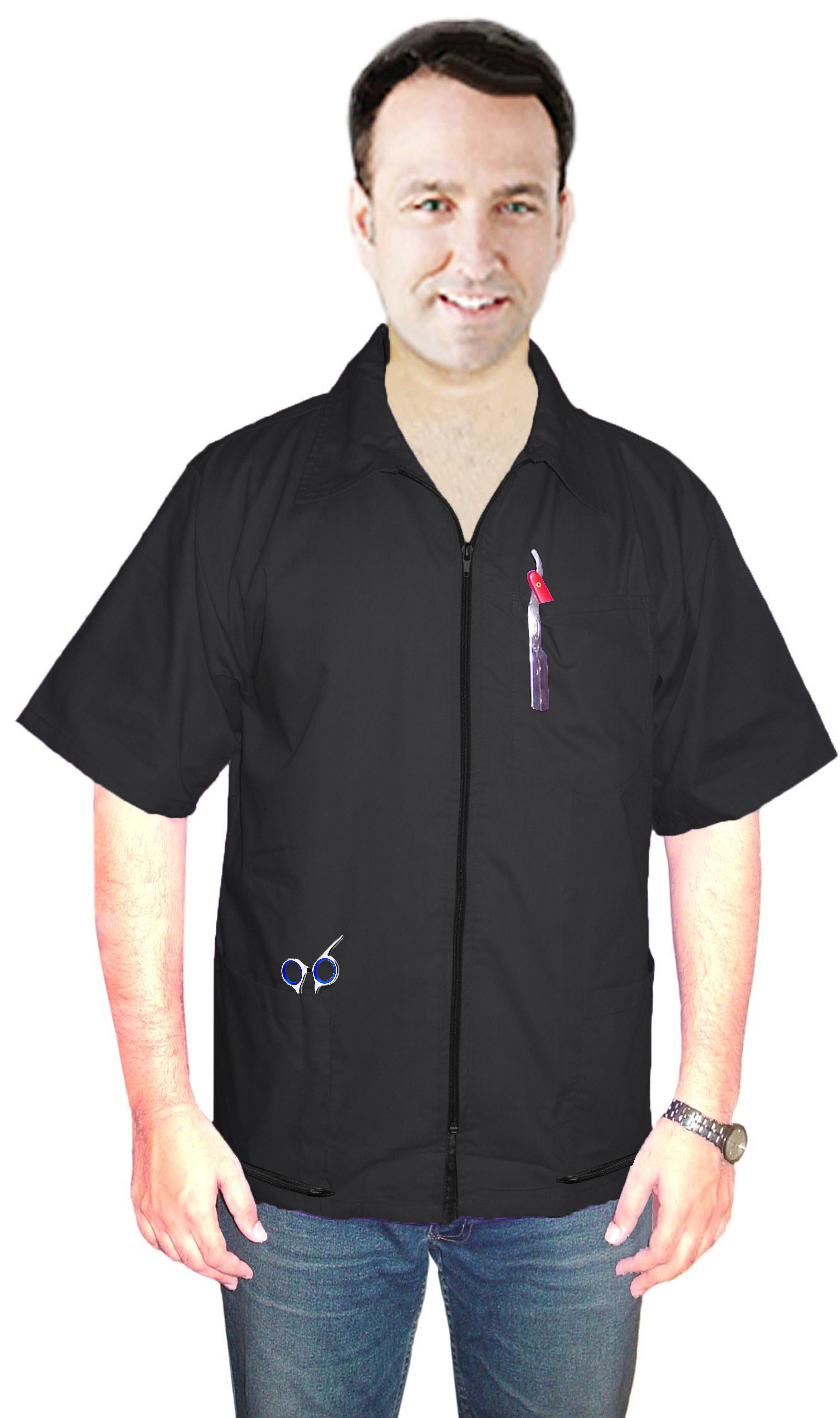 Stretchable Barber jacket with collar 3 pockets (zipper on two bottom pockets) half sleeve with zipper Stretch fabric. (35% Cotton, 60% Polyester, 5% Spandex)