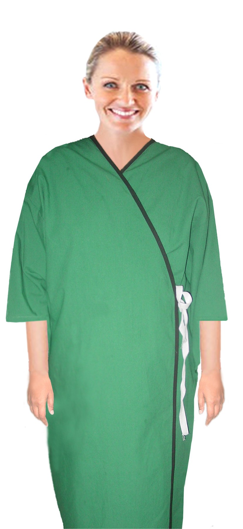 New Stretchable Patient gown front open solid 3/4 sleeve with matching piping tie able, Sizes XS-9X. (35% Cotton, 60% Polyester, 5% Spandex)