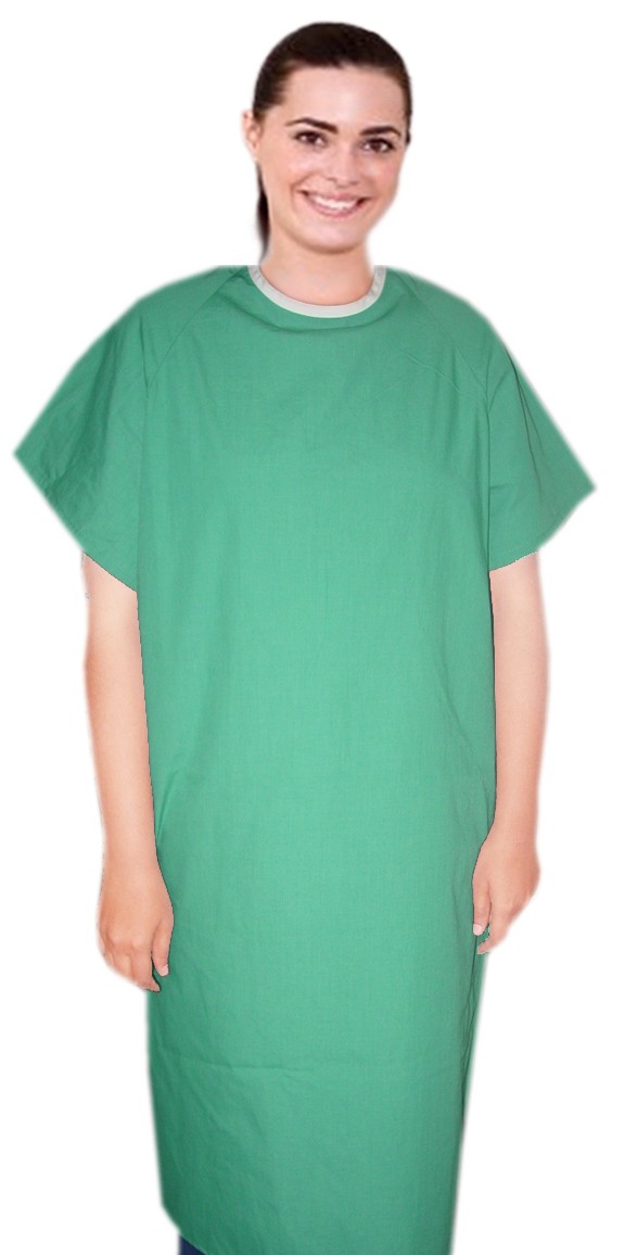 New Stretchable Patient gown back open half sleeve with matching piping, tie-able OR Velcro(+0.5) Sizes XS-9X. (35% Cotton, 60% Polyester, 5% Spandex)