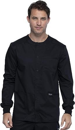 Stretchable Scrub Jacket 3 pocket solid full sleeve unisex with rib and plastic button in 35% Cotton 60% Polyester 5% Spandex