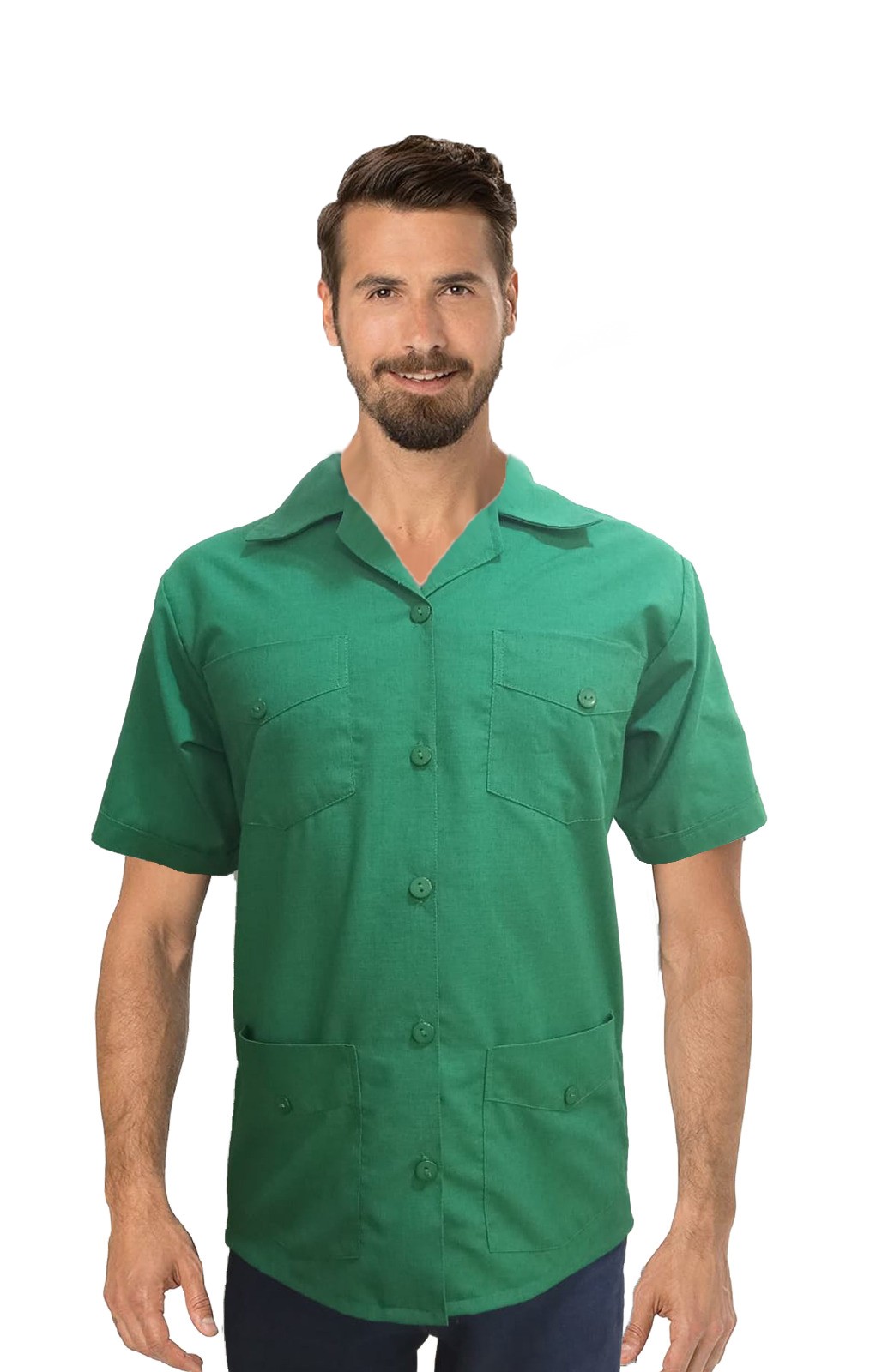 Stretchable Unisex Scrub Jacket 4 Pockets Flap Style with Plastic Buttons Closure in 35% Cotton 60% Polyester 5% Spandex