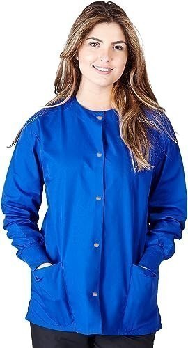 Stretchable Scrub Jacket 2 pocket solid unisex full sleeve with rib and plastic button in 35% Cotton 60% Polyester 5% Spandex