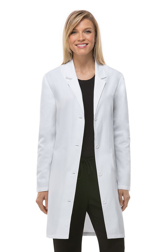 Stretchable labcoat ladies full sleeve with plastic buttons without pocket solid pleated (35% Cotton, 60% Polyester, 5% Spandex)  in 36 38 40 42 lengths