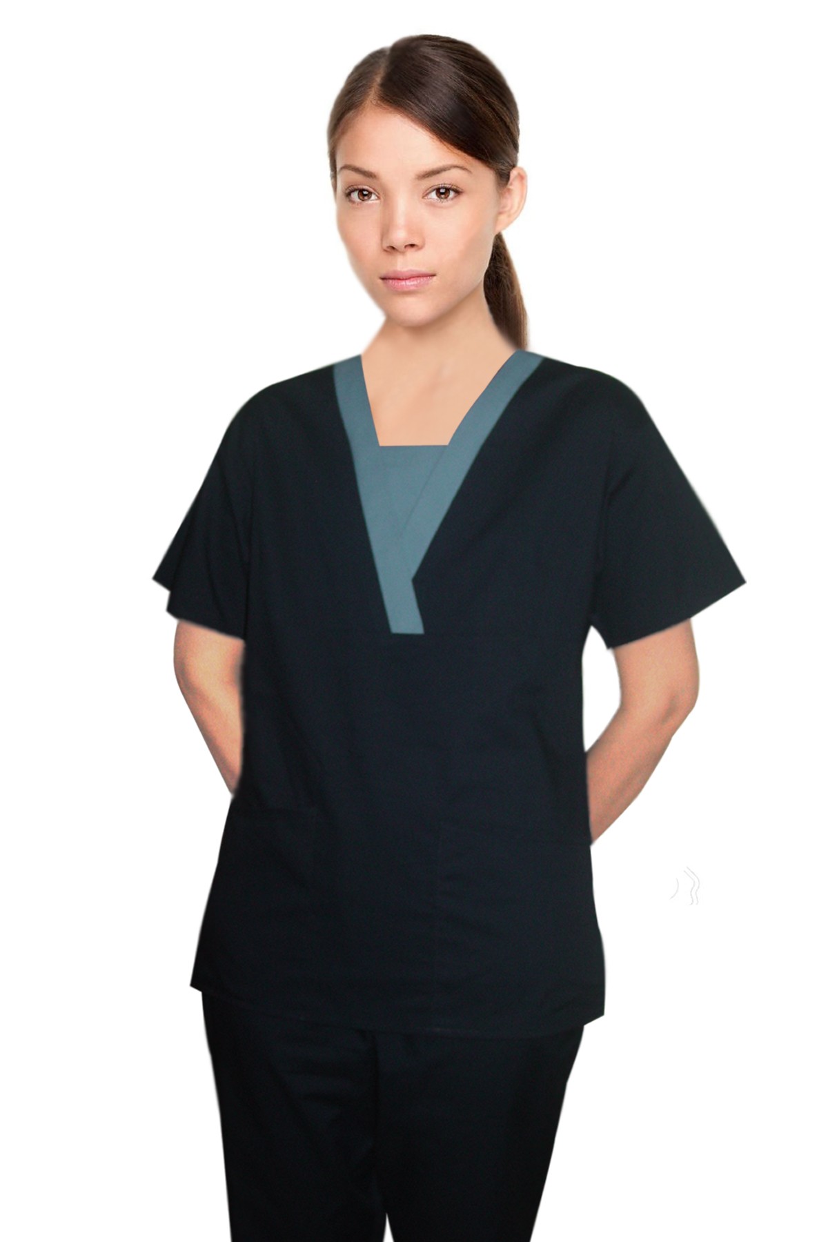Stretchable  Contrast v-neck insert trim 2 pocket top pleats half sleeve in 35% Cotton 63% Polyester 2% Spandex