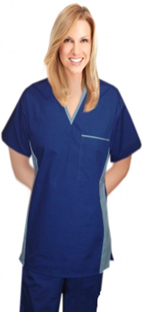Stretchable Scrub top 1 pocket v-neck half sleeve matching style solid unisex in 35% Cotton 60% Polyester 5% Spandex