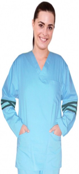 Stretchable Stripes style ladies v-neck 3 pocket top full sleeve in 35% Cotton 60% Polyester 5% Spandex