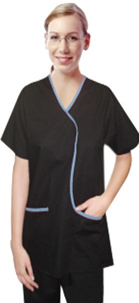 Stretchable Top 2 pocket ladies half sleeve contrast piping L style top solid in 35% Cotton 60% Polyester 5% Spandex