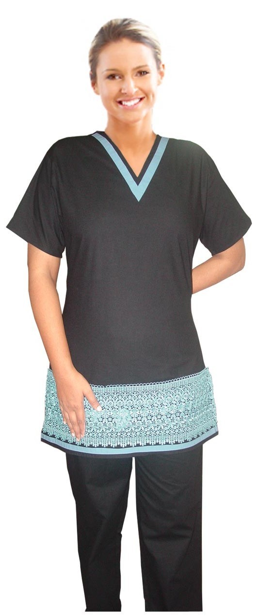 Stretchable Stylish lace spa v neck top without pocket half sleeve ladies with matching stripe style solid in 35% Cotton 60% Polyester 5% Spandex