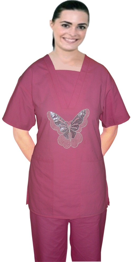 Stretchable Stylish top big silver butter fly square v-neck style half sleeve 2 pocket top in 35% Cotton 60% Polyester 5% Spandex