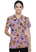 Pooh Printed Scrub Set Mock Wrap With Black Piping 5 Pocket Half Sleeves (Top 3 Pockets With Bottom 2 Pockets Boot cut)