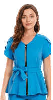 Womens Fashion Scrub Top with Front Zipper and Belt 
