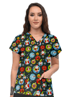 Santa and Penguin Printed Top V Neck 2 Pocket Half Sleeve in Interlock Stretch Fabric 100% polyester