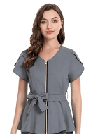 Poplin Womens Fashion Scrub Top with Front Zipper and Belt in 65% polyester, 35% cotton fabric