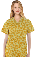  Yellow Petal Print Top V Neck 2 Pocket Half Sleeve in Poplin Fabric 35% Cotton 65% Polyester