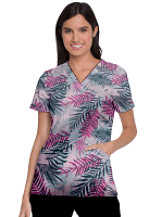 Pink leaves print Top V Neck 2 Pocket Half Sleeves in POPLIN FABRIC 35% COTTON & 65% POLYESTER