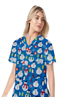Snowman Print Top V Neck 2 Pocket Half Sleeve in Interlock Stretch Fabric 100% Polyester