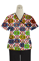 Printed scrub set mock wrap 5 pocket half sleeve in Red Wheel Print with black piping  (top 3 pocket with bottom 2 pocket boot cut)