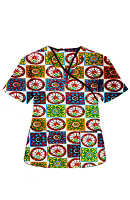 Top mock wrap 3 pocket half sleeve in Red Wheel Print with black piping in POPLIN FABRIC (65% POLYESTER, 35% COTTON)