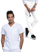 Microfiber Stretch Unisex Jogger Scrub Set 6 Pockets Half Sleeves, Top 3 Pockets(1 Chest Pocket, 2 Lower Pockets) and Jogger Pant 3 Pockets(2 Side Pockets, 1 Back Pocket) with Full Elastic Waistband and Drawstring (Twill White) in 97% Polyester 3% Spandex