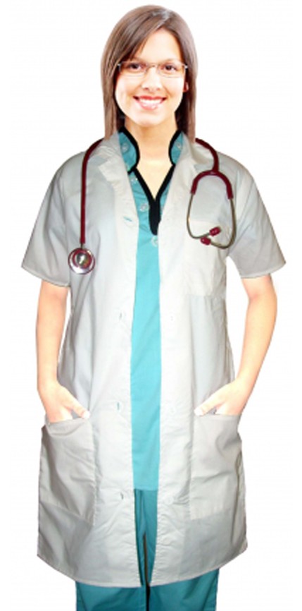 Poplin labcoat ladies half sleeve with plastic buttons 3 pocket pleated solid in 36 38 40 42 lengths (65% Polyester, 35% Cotton)