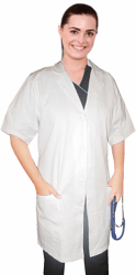 Poplin labcoat ladies Half sleeve with plastic buttons 3 pockets solid pleated (35 perc cotton 65 perc polyester) in 36 38 40 42 lengths