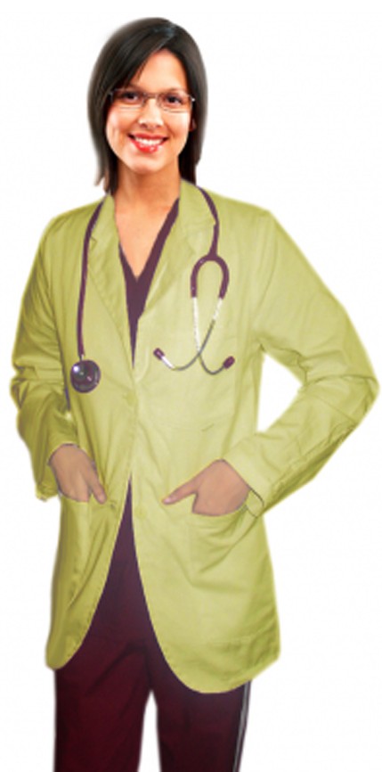 Poplin Consultation lab coat ladies full sleeve with back tieable style plastic buttons 3 front pockets in(35 perc cotton 65 perc polyester)