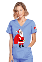 Santa Printed Scrub Top Ceil Blue V Neck 2 Pockets Ladies Half Sleeves